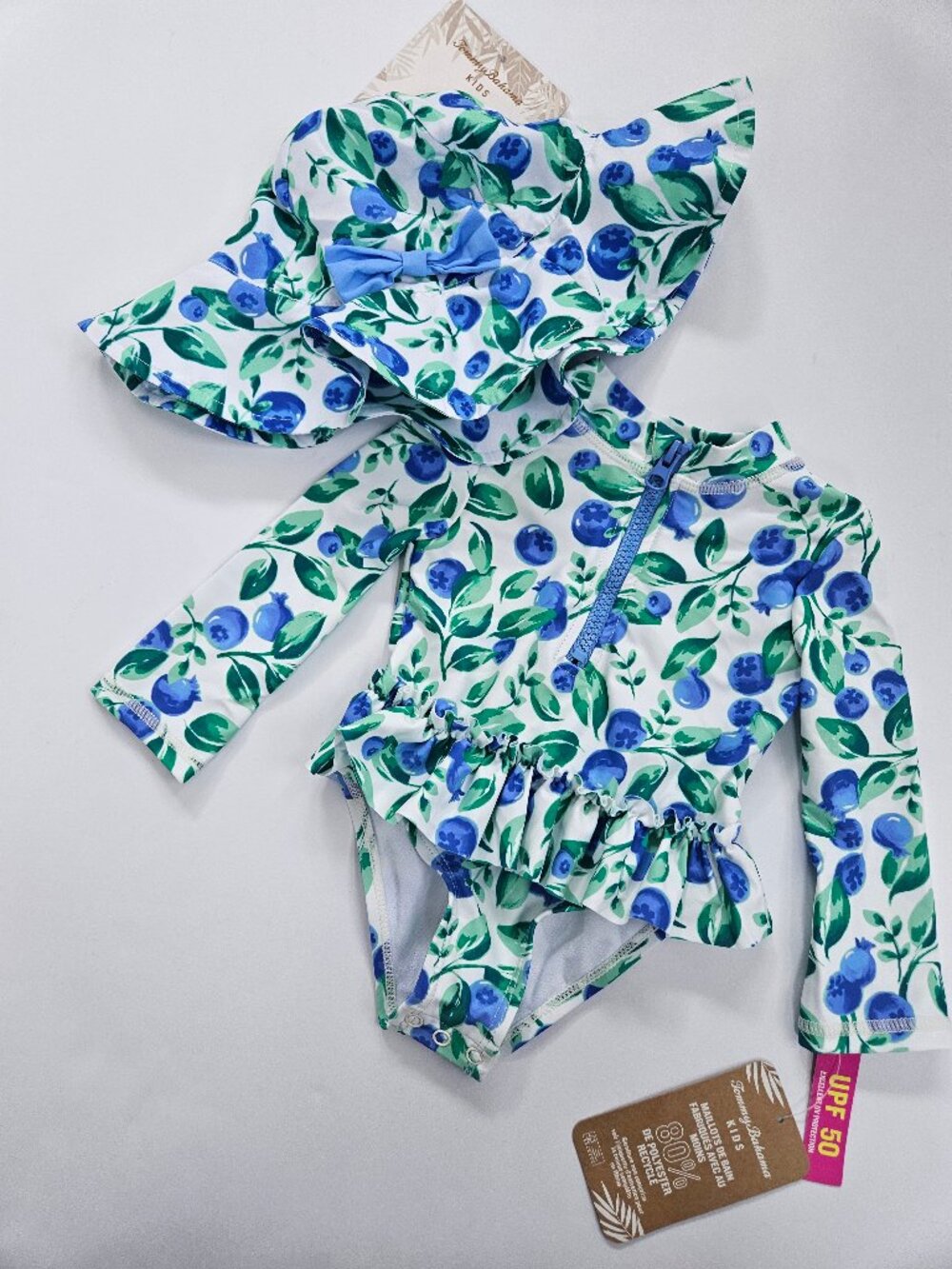 NWT Tommy Bahama Girls Blueberry Rash Guard Swimsuit Hat Set White Sz 12M
